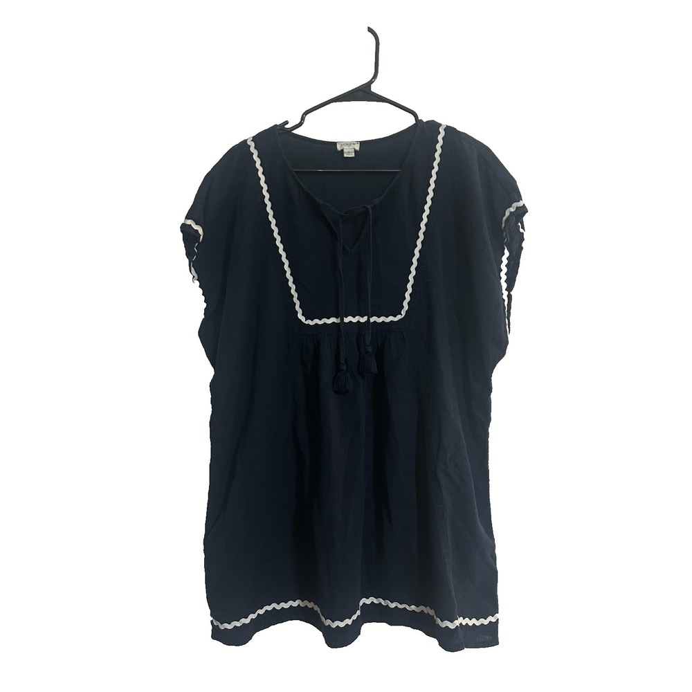 J Crew Women's Navy Tunic Blouse Cover Up L 100% Cotton Summer Beach Resort